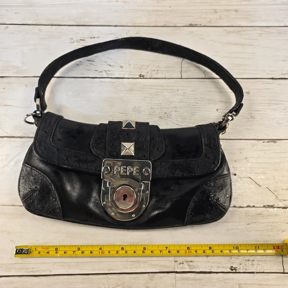 Pepe Jeans London Black Ostrich Embossed Studded Y2K Baguette Shoulder Bag‎